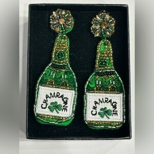 Green Champagne Bottle Beaded Earrings Dangle Sequin Festival St. Patrick's Day